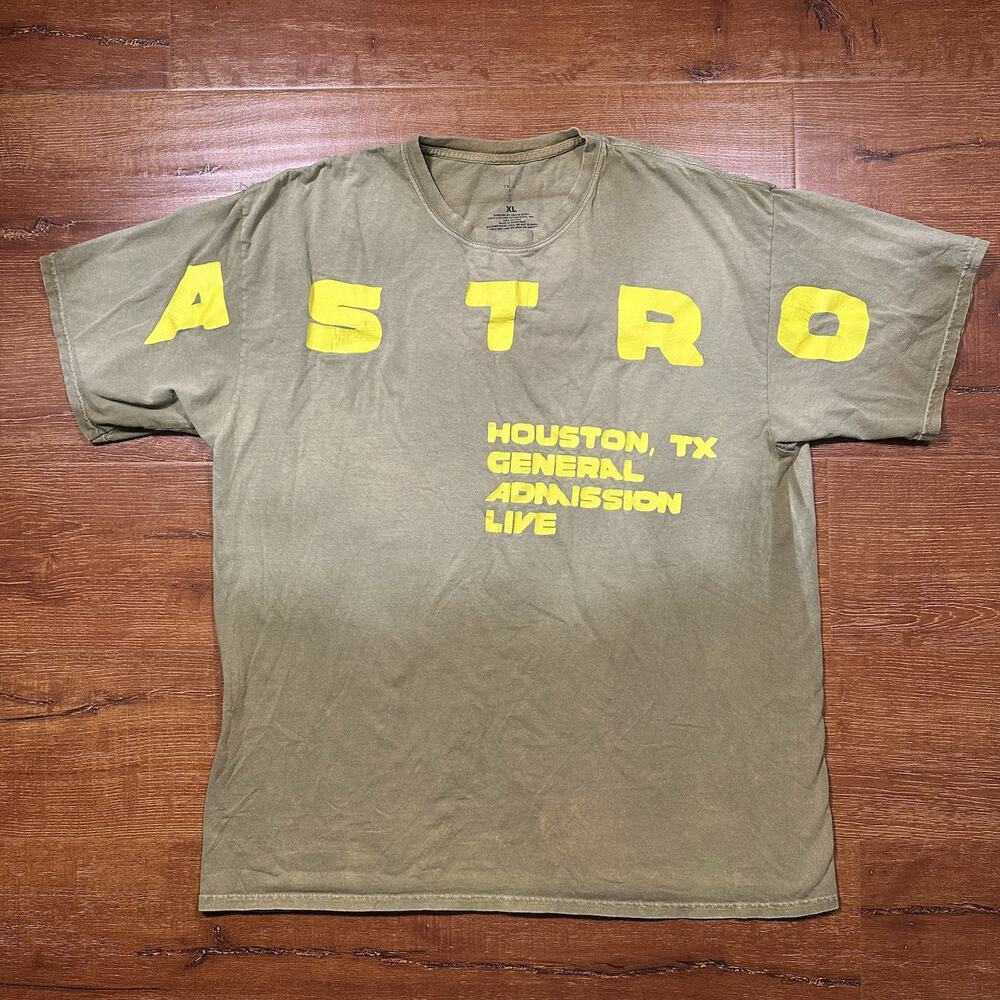 Travis Scott Astroworld T Shirt Mens XL Olive Green Flaming TV Houston Bleached